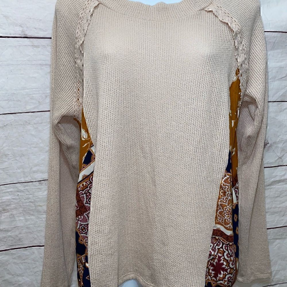 Francesca’s  Blue Rain Cienna Print Keyhole Tie Back Long Sleeve Sweater L - Picture 7 of 13